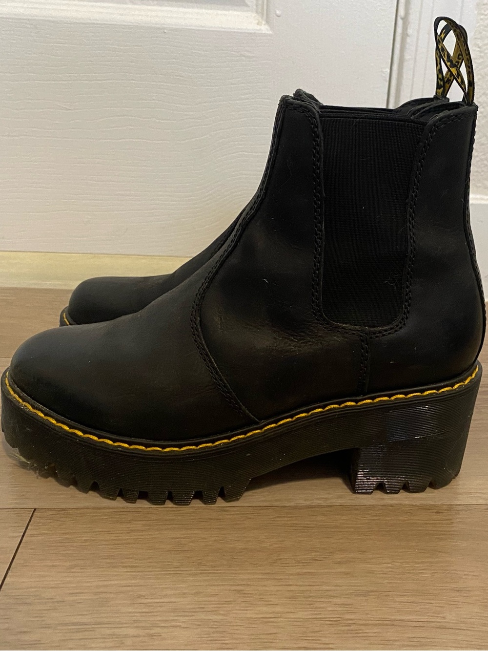 Dr. Martens Black Chelsea Platform Boots with Iconic Yellow Stitching